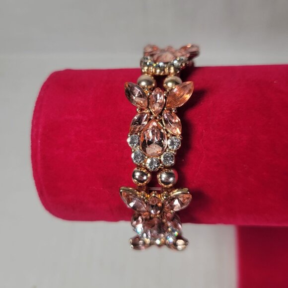 Rose Gold Tone Floral Rhinestone Stretch Bracelet With Clear & Pink Gemstones - Picture 1 of 4
